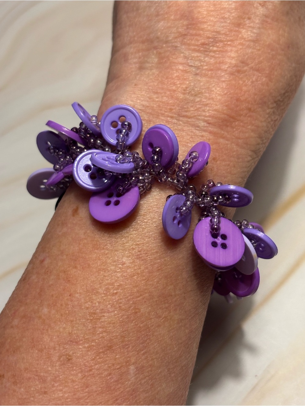 Handcrafted Purple Button Cluster Bracelet 7”